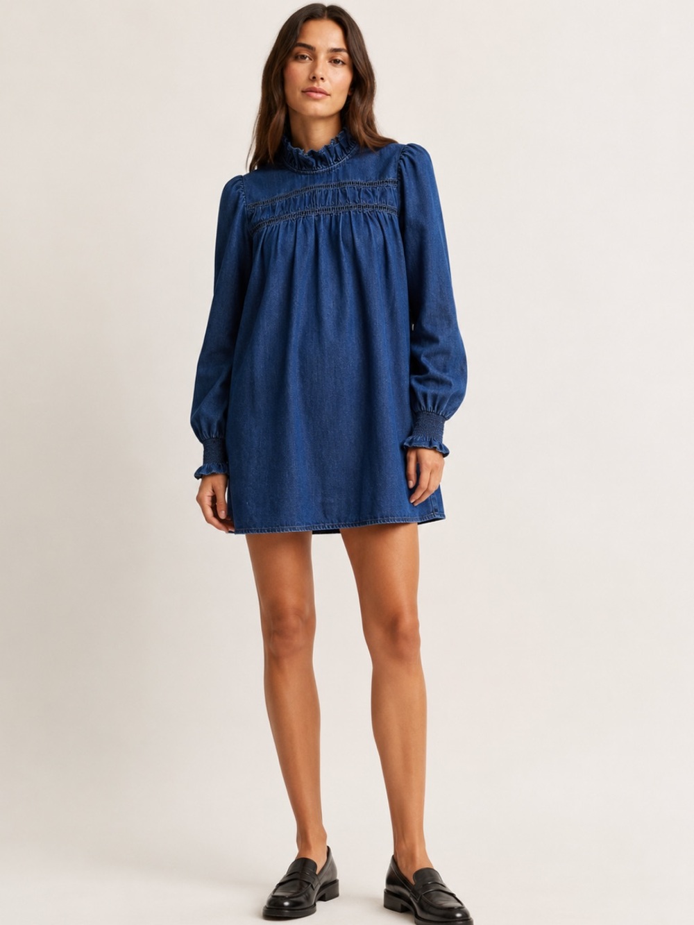 & Other Stories Paris Atelier Blue Denim Ruffle High Neck Mini Dress Size 2